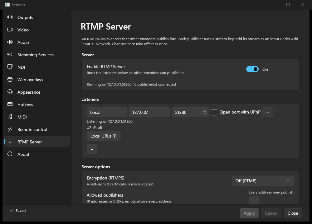 Settings, RTMP Server page with the server enabled, a listener and a stream key (Windows)